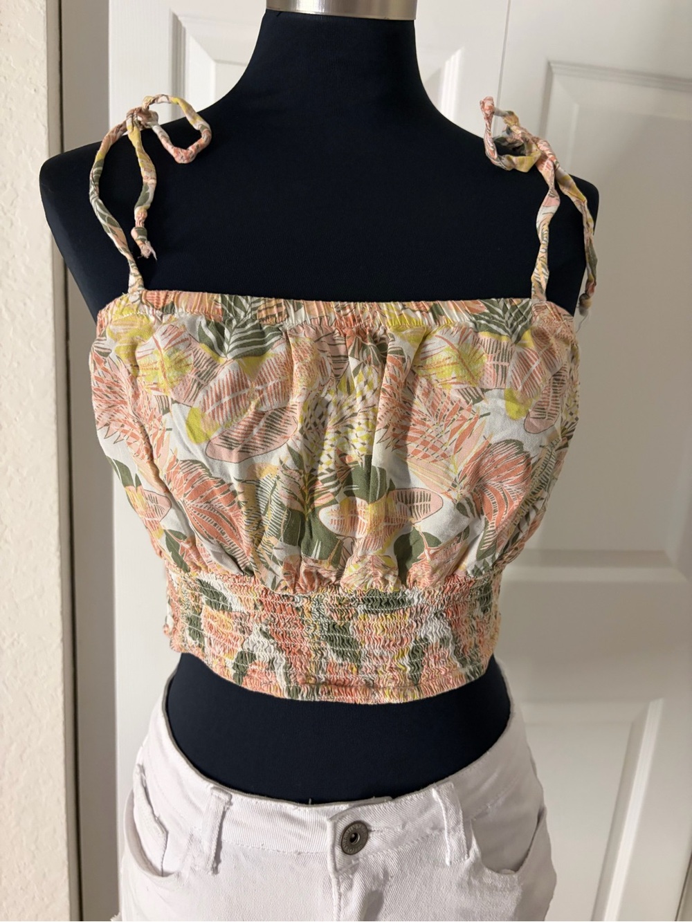 As U Wish Floral Smocked Tie-Shoulder Crop Top - Pink, Green, Yellow